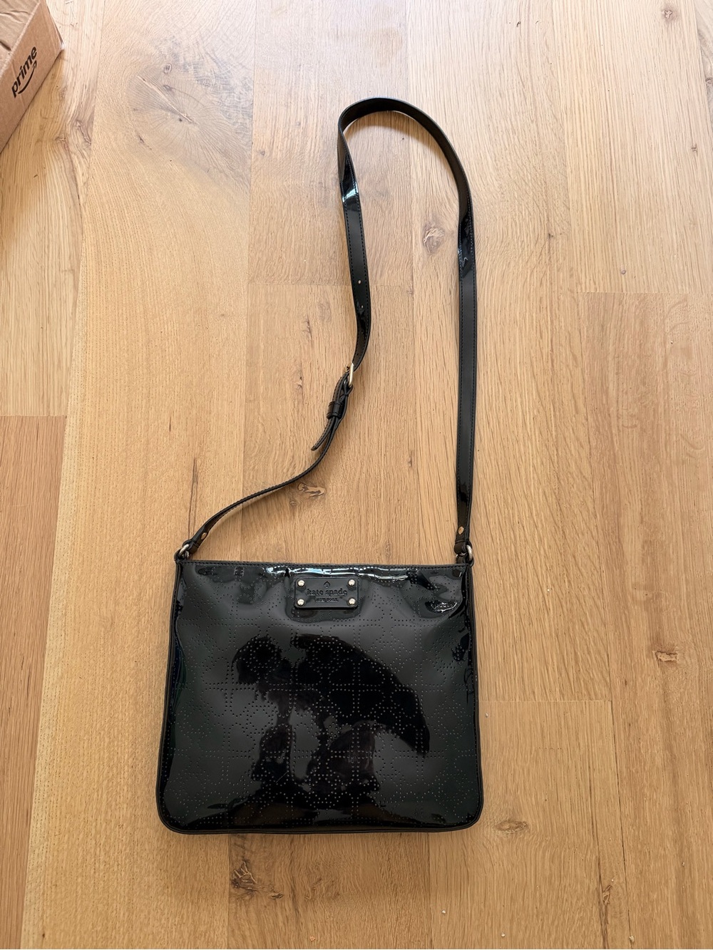 Kate Spade Darby Metro Black Patent Perforated Spade Crossbody Bag Y2K
